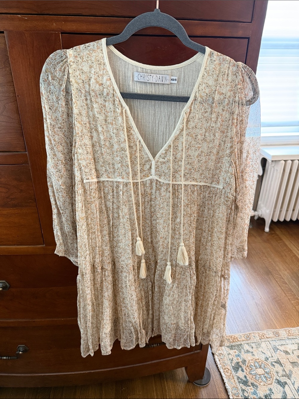 Christy Dawn Cream Floral Peasant mini dress with Tassels XS /S